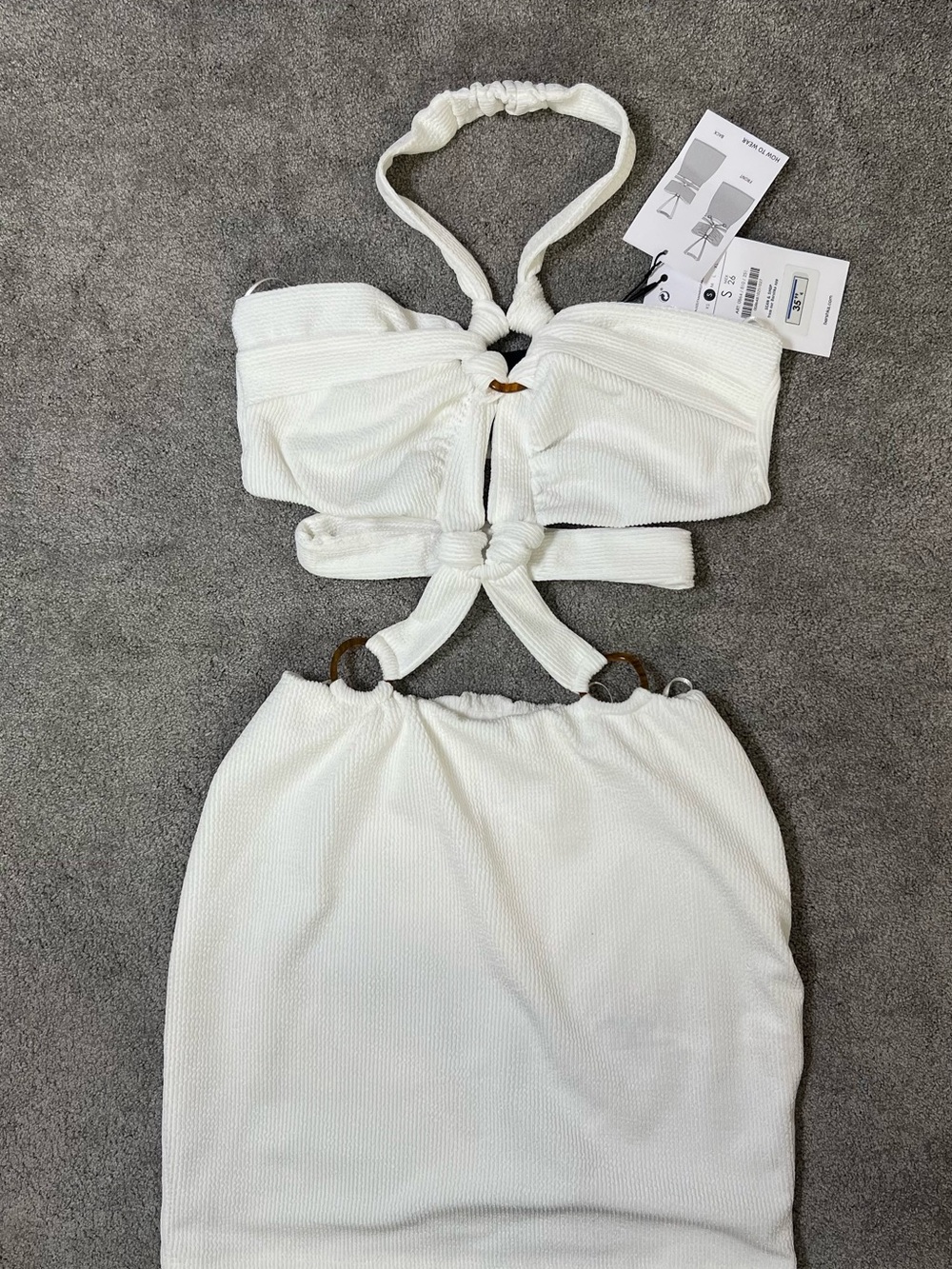 Bershka White Ribbed Two-Piece Skirt Set with Ring Details size s NWT